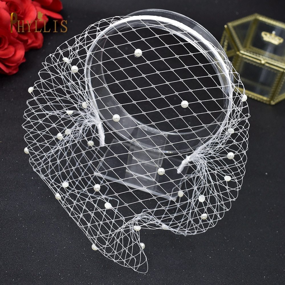 JM21 Handmade Birdcage Veil Diamond Blusher Veil White Black Headband Veil for Bridal Tiara Hair Accessories Face Veil