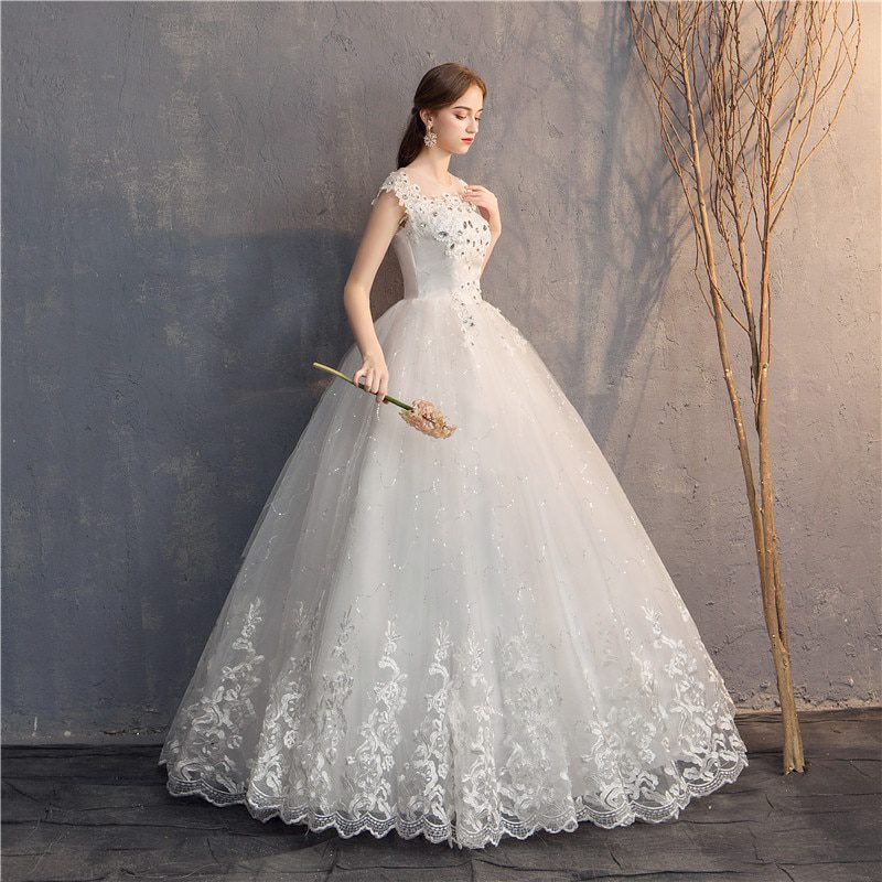 EZKUNTZA 2022 Diamond Lace Wedding Dress O-neck Beading Ball Gown Simple Cheap Wedding Dresses Princess Vintage Wedding Dresses