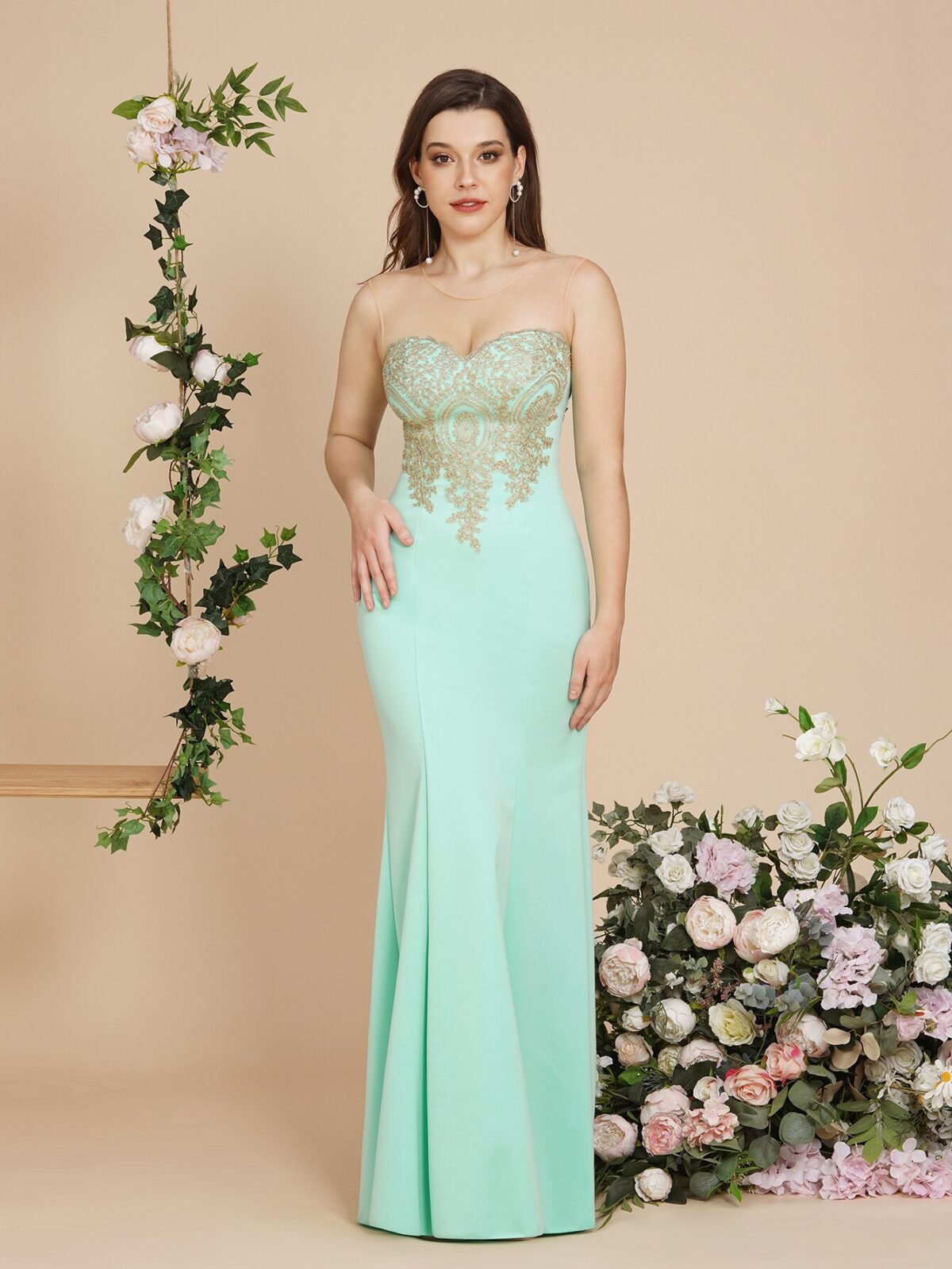 BABYONLINE Mint Green Bridesmaid Dresses Maxi Floor Length Mermaid Gowns Elegant  Golden Appqulies Sweetheart Illusion Summer