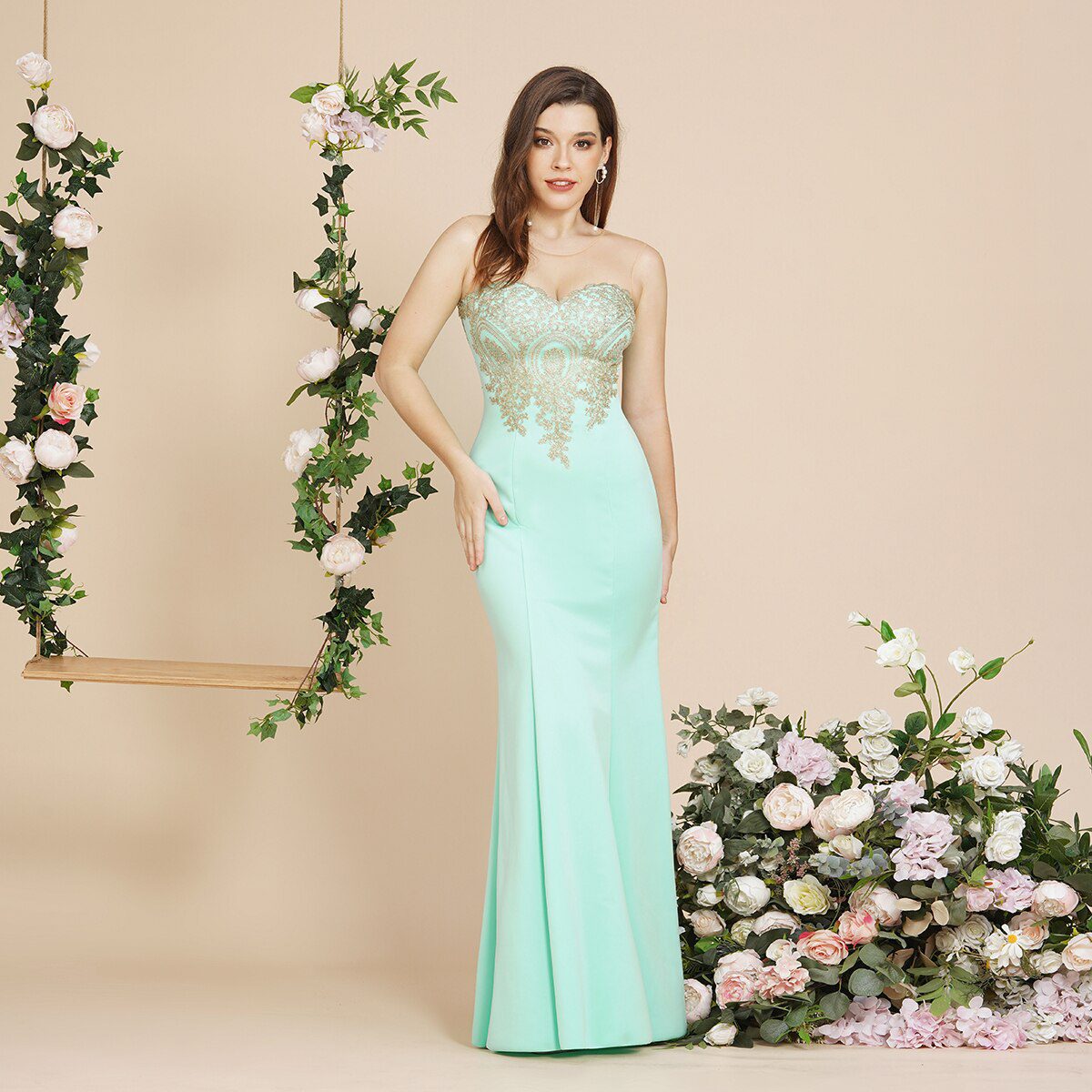 BABYONLINE Mint Green Bridesmaid Dresses Maxi Floor Length Mermaid Gowns Elegant  Golden Appqulies Sweetheart Illusion Summer