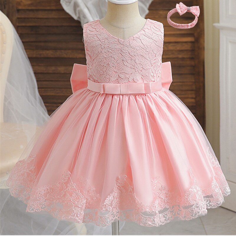 Toddler Girl Pink Party Dress 12 Month Baby Girl First Birthday Princess Tutu Gown Infant Embroidery Flower Bow New Year Costume