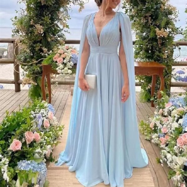 Long A Line Bridesmaid Dresses With Streamer Cape Sky Blue Chiffon Plunging Neck Backless Party Dress Maid Of Honor
