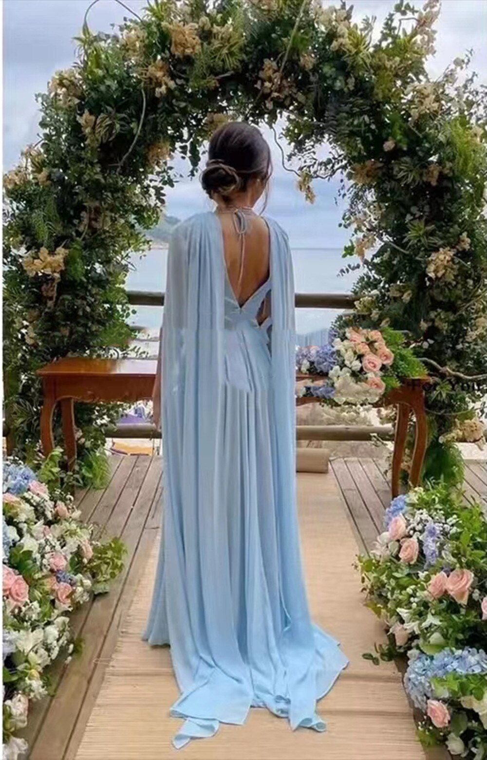 Long A Line Bridesmaid Dresses With Streamer Cape Sky Blue Chiffon Plunging Neck Backless Party Dress Maid Of Honor