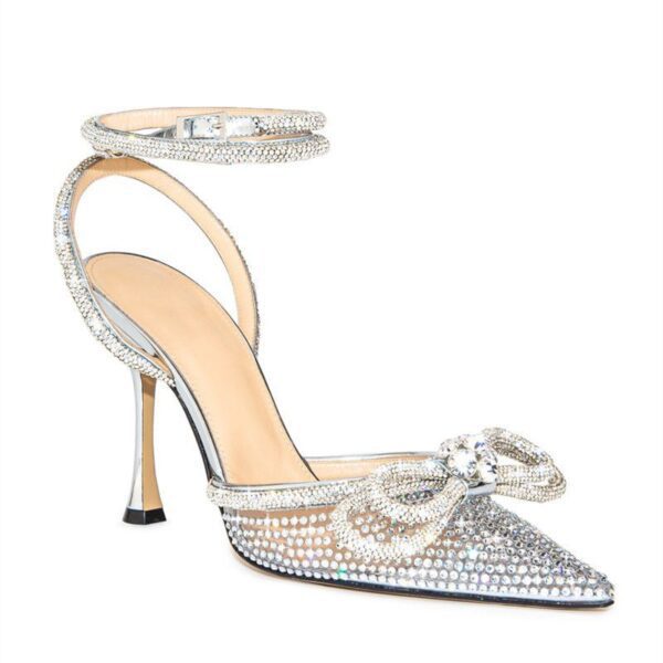 Rhinestones Double Bowknot Ankle Strap Thin High Heels Wedding Bridal Shoes