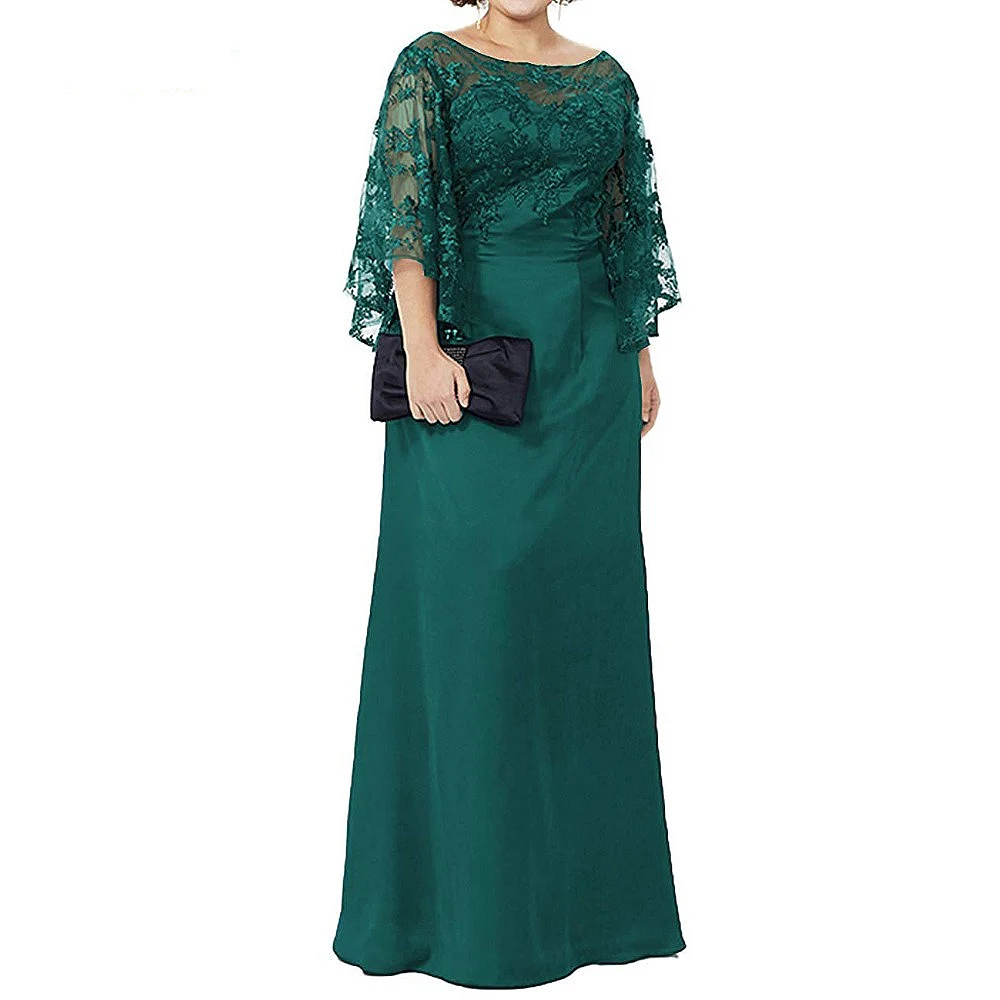 Lace Chiffon Half Sleeves Plus Size Floor Length Mother Of The Bride Dress