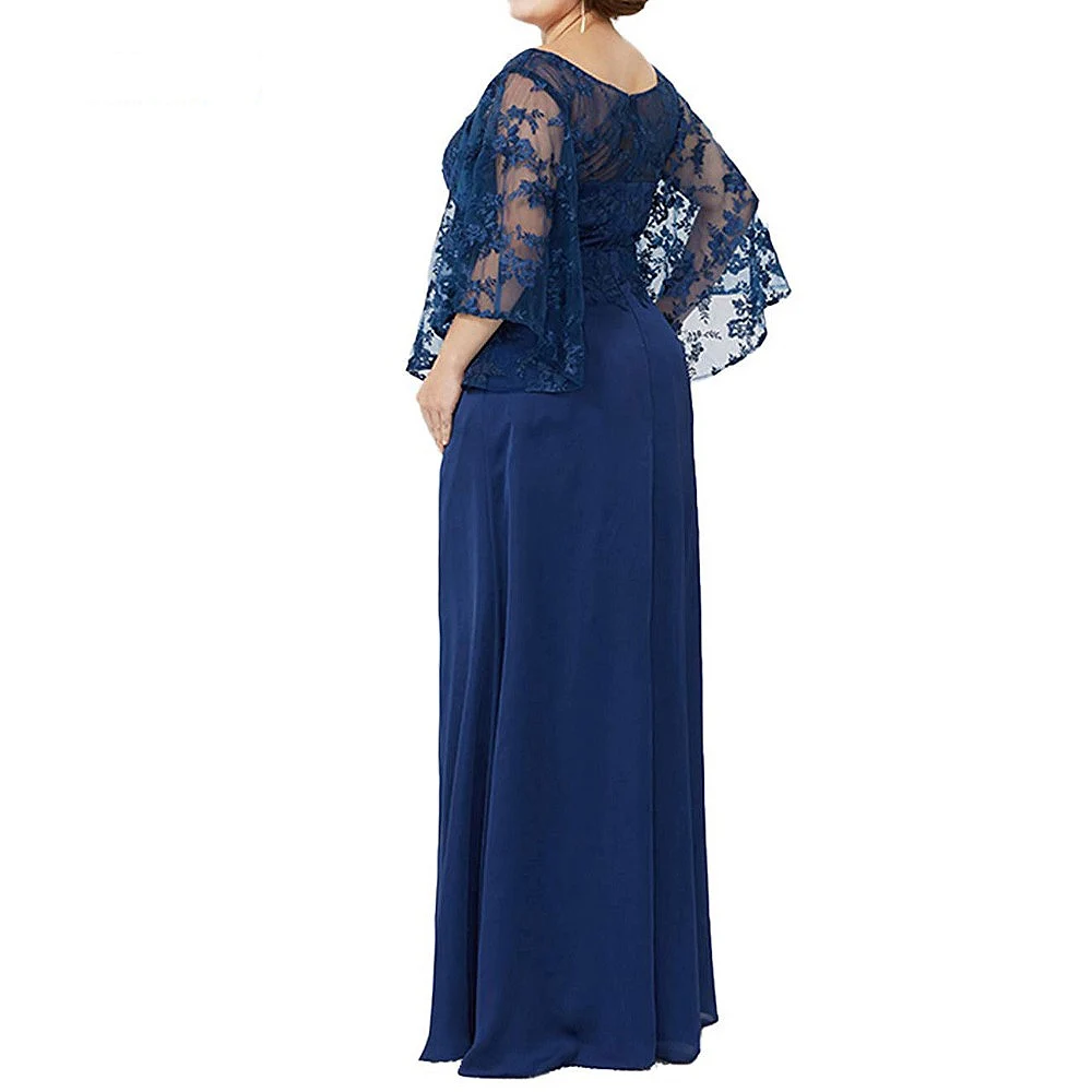 Lace Chiffon Half Sleeves Plus Size Floor Length Mother Of The Bride Dress