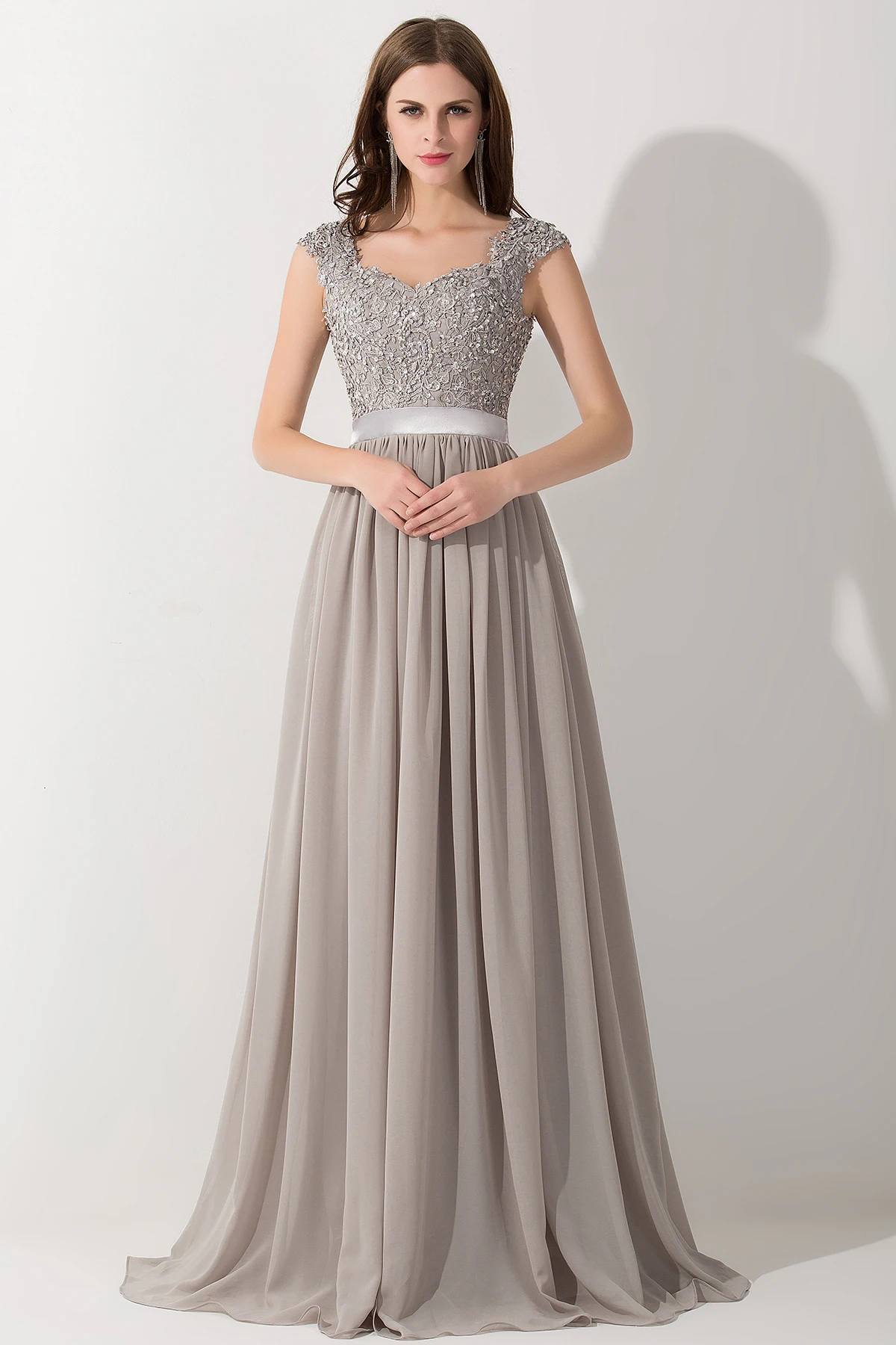 Elegant Beading Pearls Bodice Chiffon V Neck A Line Long Bridesmaid Dress