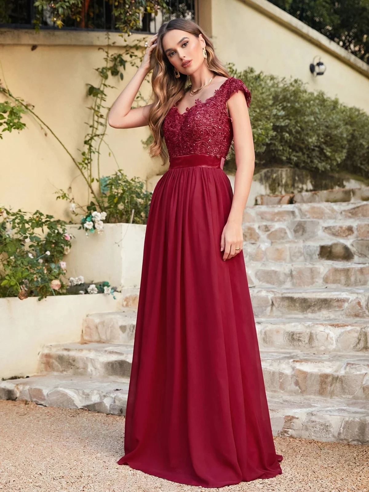 Elegant Beading Pearls Bodice Chiffon V Neck A Line Long Bridesmaid Dress