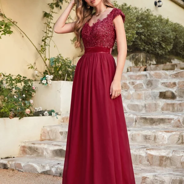 Elegant Beading Pearls Bodice Chiffon V Neck A Line Long Bridesmaid Dress