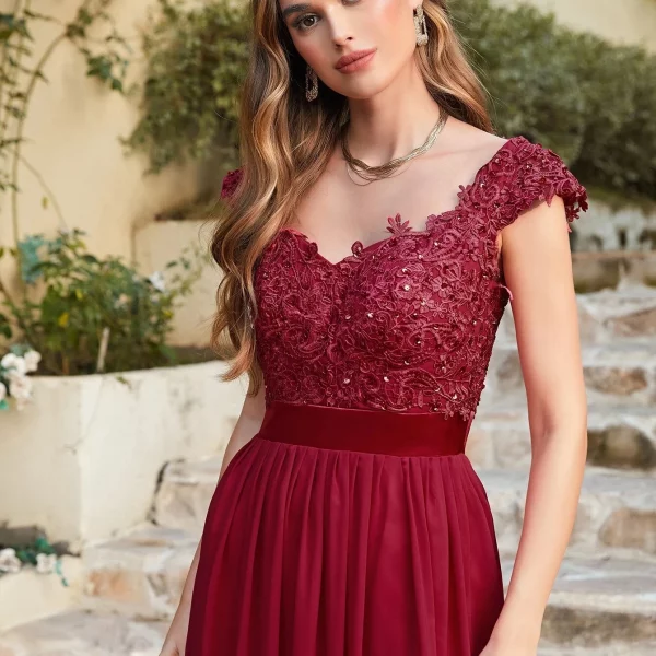 Elegant Beading Pearls Bodice Chiffon V Neck A Line Long Bridesmaid Dress