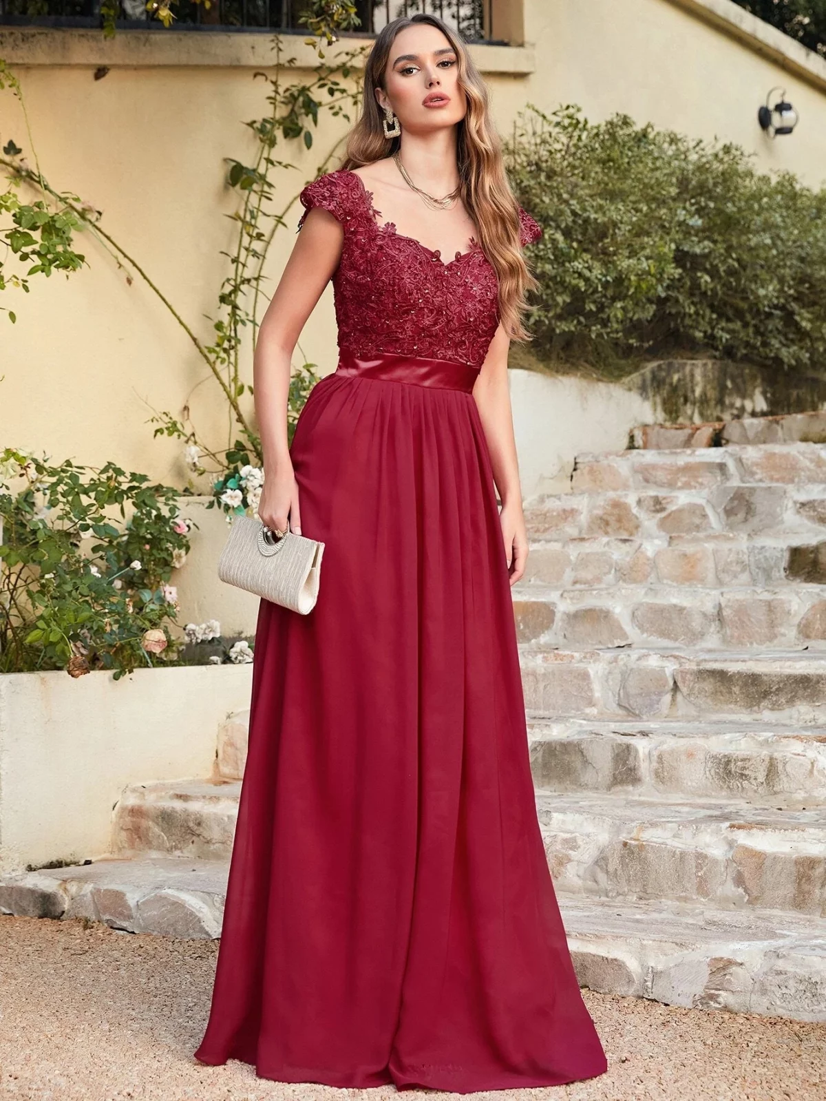 Elegant Beading Pearls Bodice Chiffon V Neck A Line Long Bridesmaid Dress