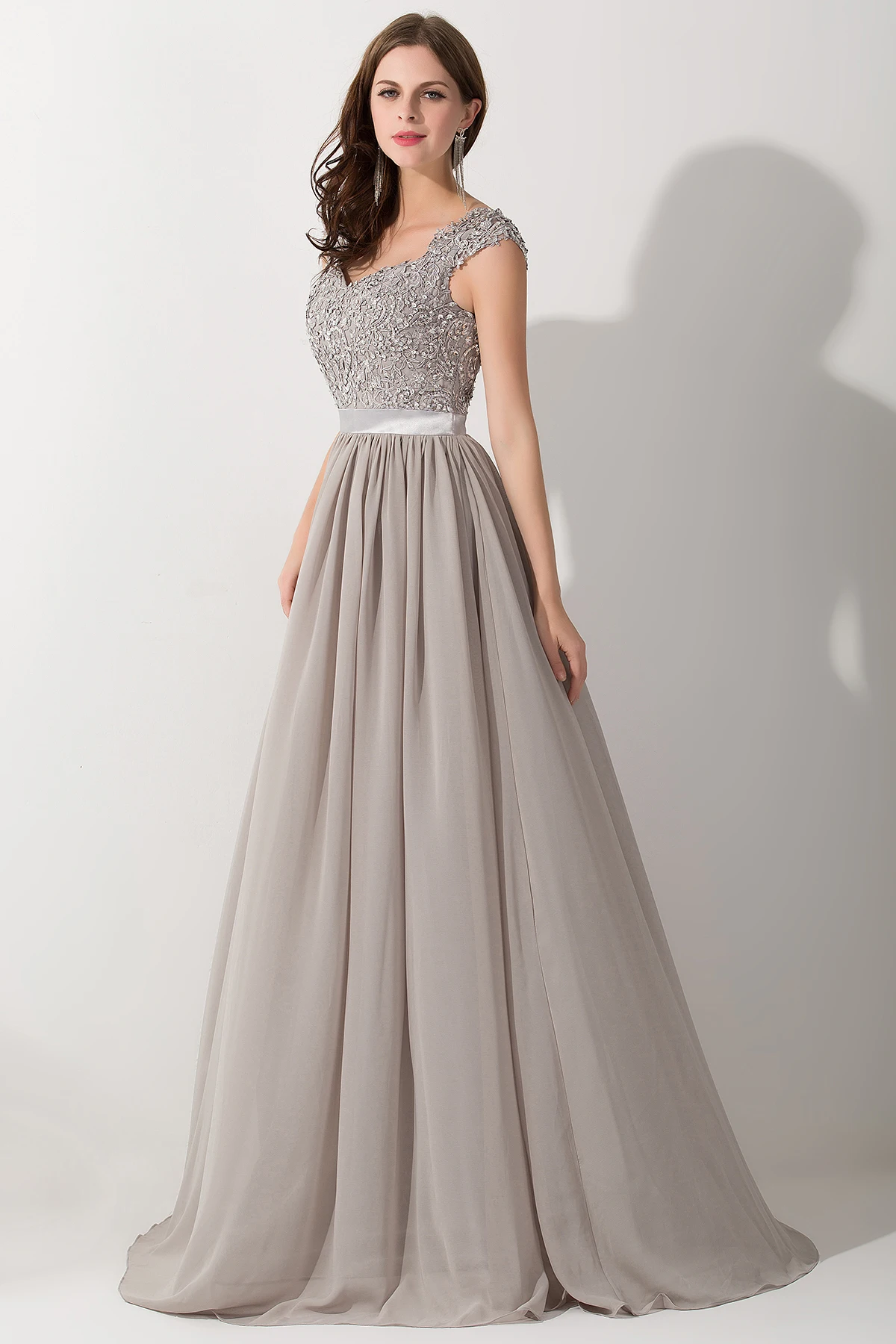 Elegant Beading Pearls Bodice Chiffon V Neck A Line Long Bridesmaid Dress