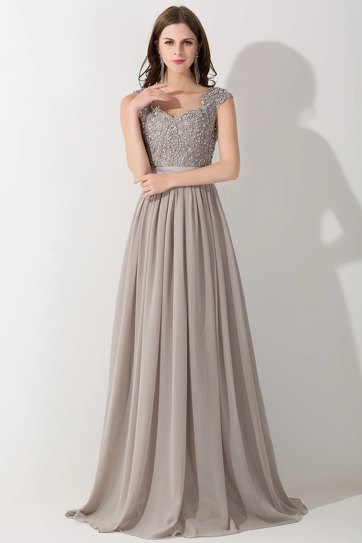 Elegant Beading Pearls Bodice Chiffon V Neck A Line Long Bridesmaid Dress