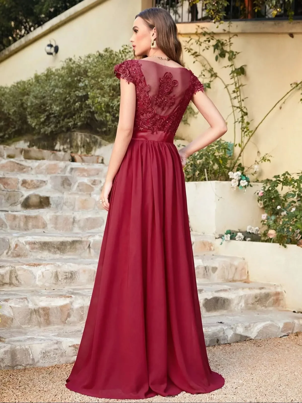 Elegant Beading Pearls Bodice Chiffon V Neck A Line Long Bridesmaid Dress