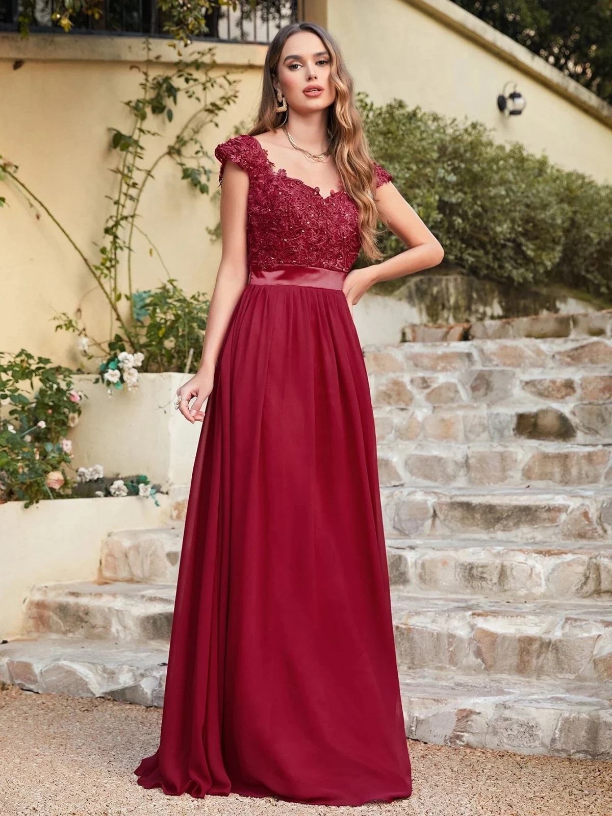 Elegant Beading Pearls Bodice Chiffon V Neck A Line Long Bridesmaid Dress