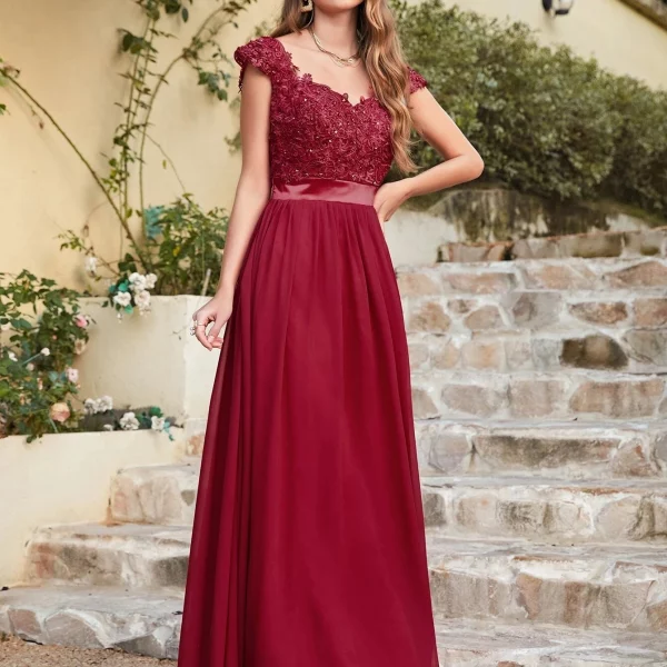 Elegant Beading Pearls Bodice Chiffon V Neck A Line Long Bridesmaid Dress