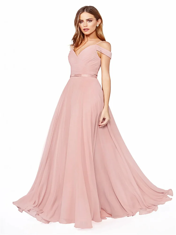 Off Shoulder V Neckline Chiffon Bridesmaid Dress