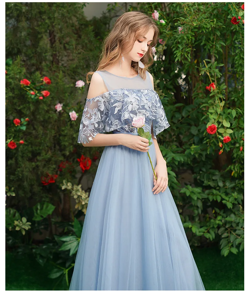 Grey Blue A-Line Floor Length Bridesmaid Dress