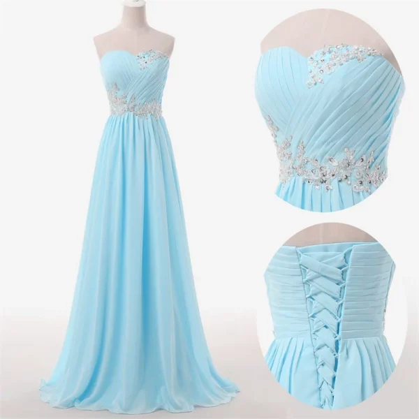 A Line Chiffon Beading Applique Pleat Strapless Lace Up Back Elegant Bridesmaid Dress
