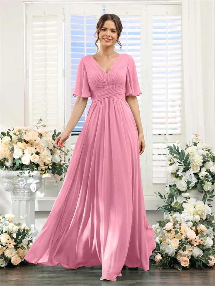 A-Line V-Neck Half Sleeves Split Side Floor Length Chiffon Bridesmaid Dress With Pockets