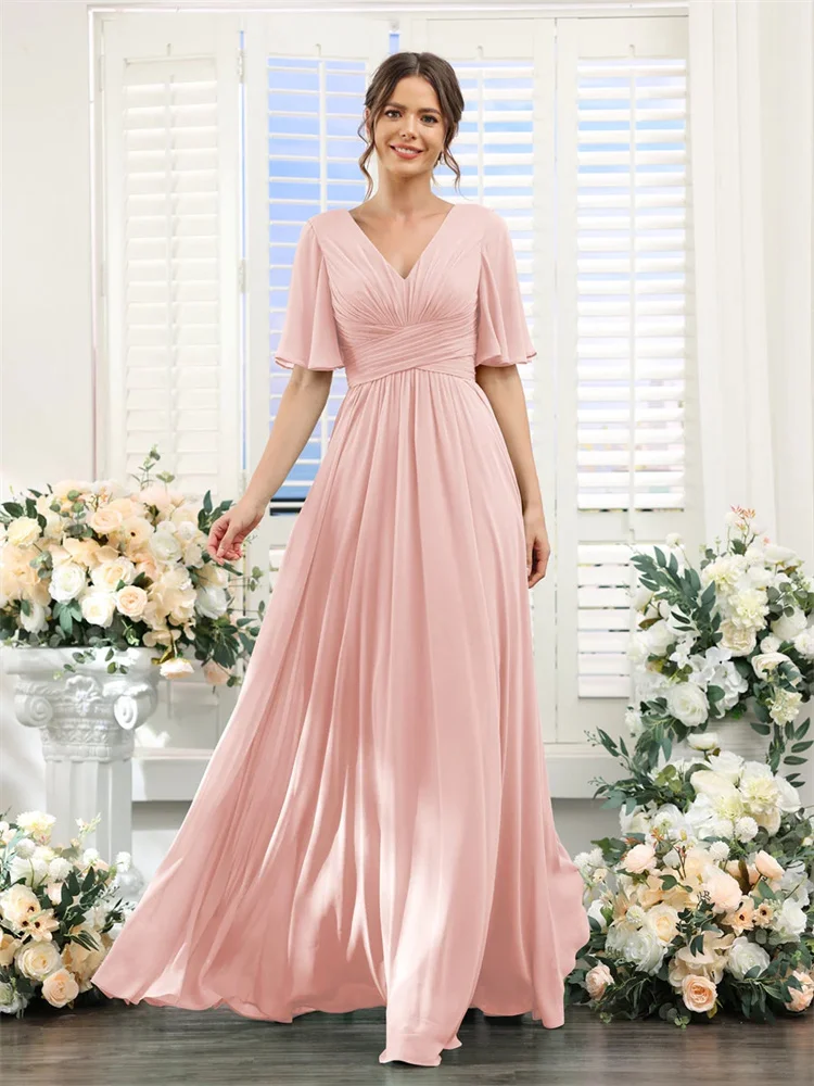 A-Line V-Neck Half Sleeves Split Side Floor Length Chiffon Bridesmaid Dress With Pockets