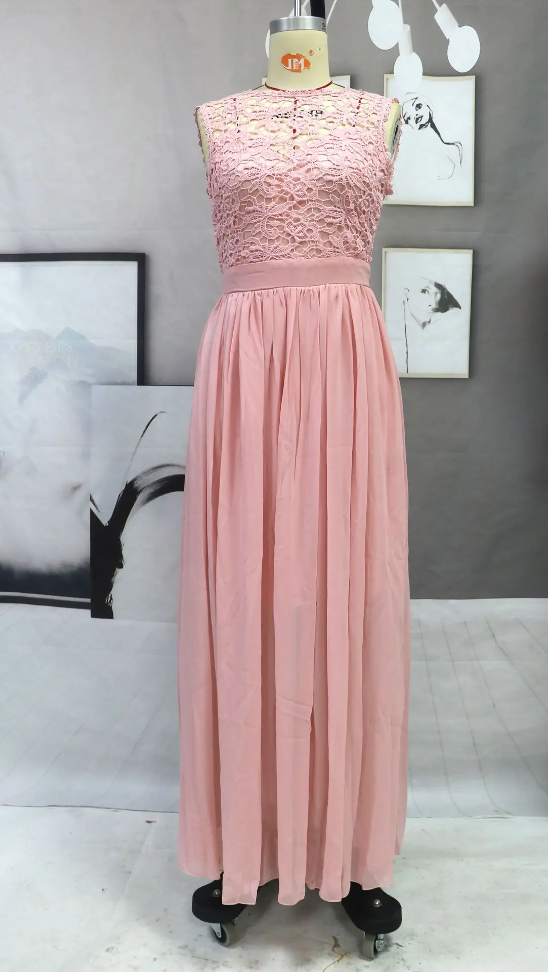 Sleeveless O Neck Illusion Back Elegant Chiffon Lace A Line Bridesmaid Dress