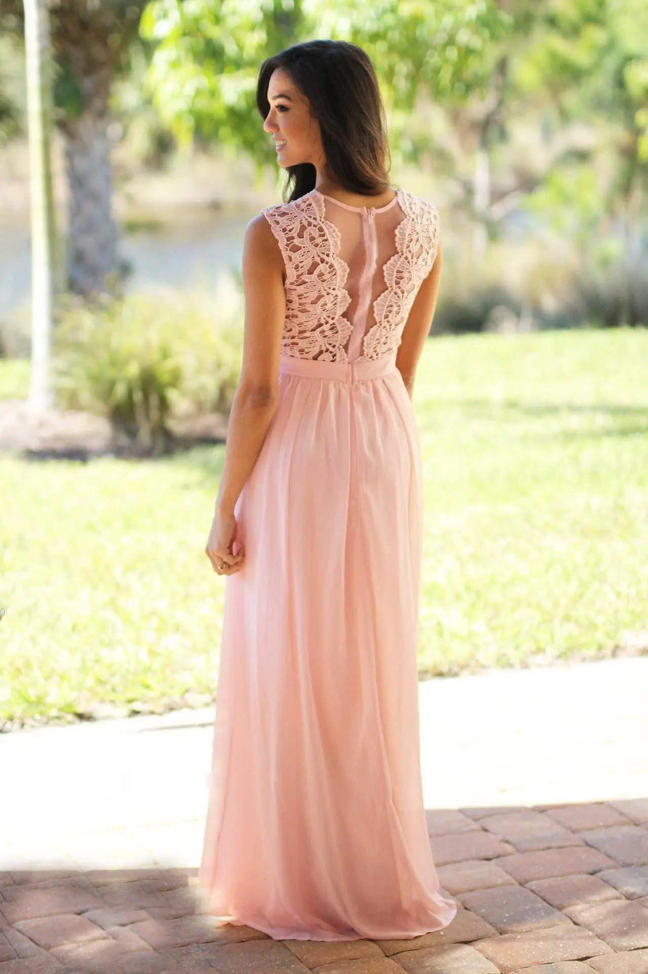 Sleeveless O Neck Illusion Back Elegant Chiffon Lace A Line Bridesmaid Dress