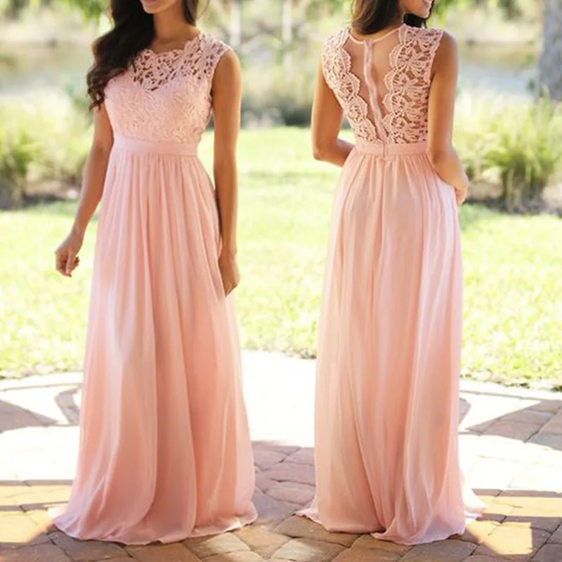 Sleeveless O Neck Illusion Back Elegant Chiffon Lace A Line Bridesmaid Dress