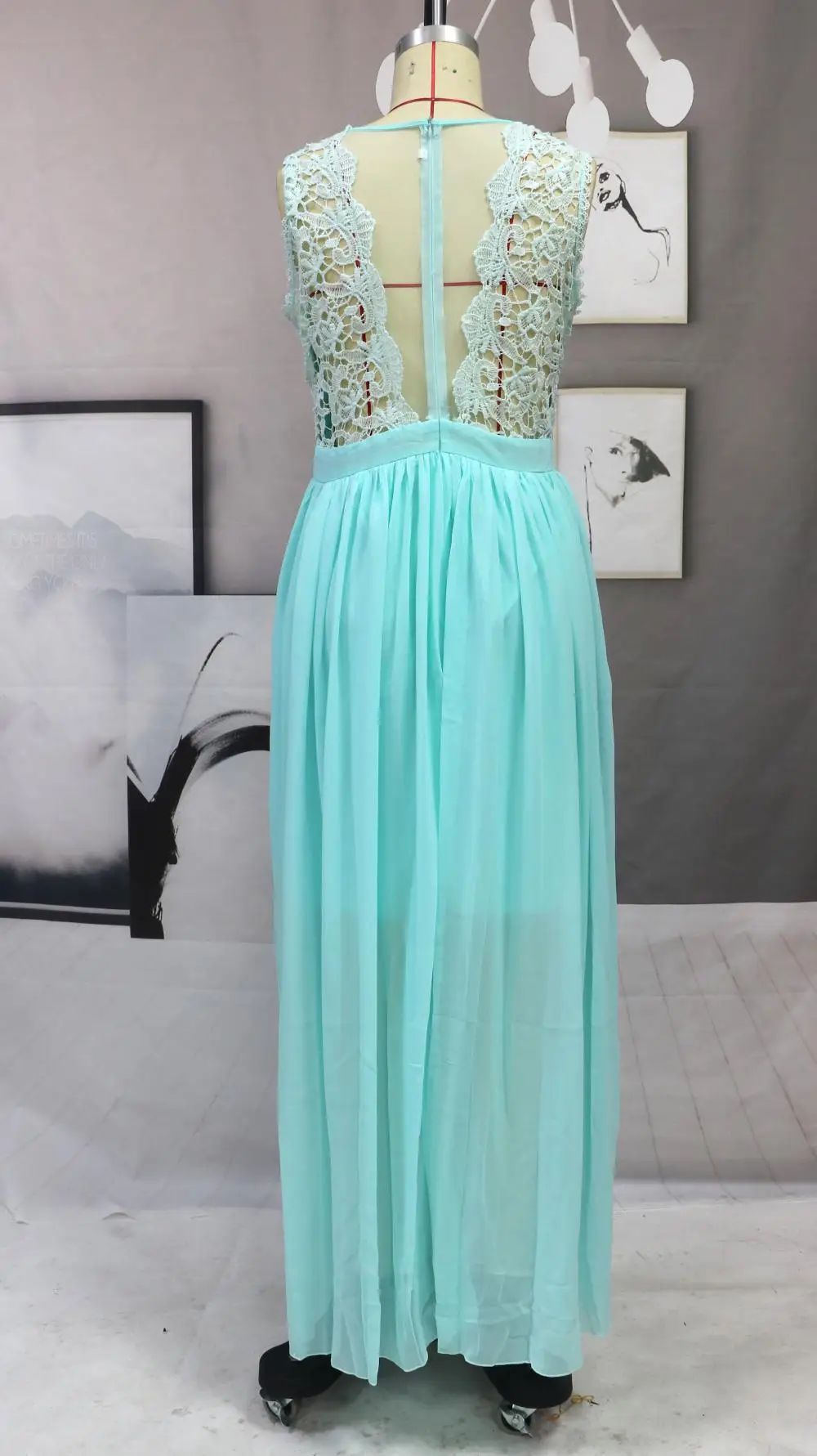 Sleeveless O Neck Illusion Back Elegant Chiffon Lace A Line Bridesmaid Dress