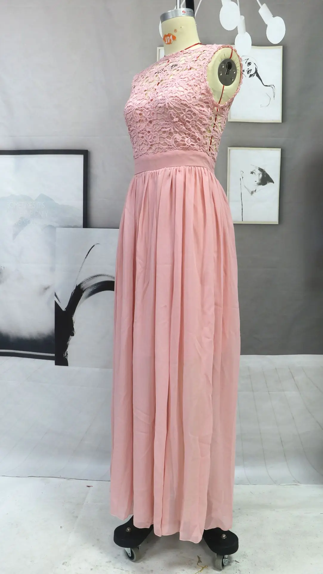 Sleeveless O Neck Illusion Back Elegant Chiffon Lace A Line Bridesmaid Dress