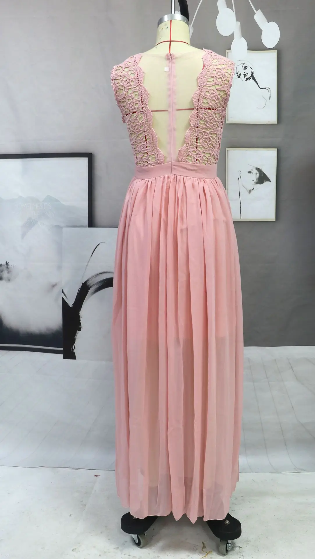 Sleeveless O Neck Illusion Back Elegant Chiffon Lace A Line Bridesmaid Dress