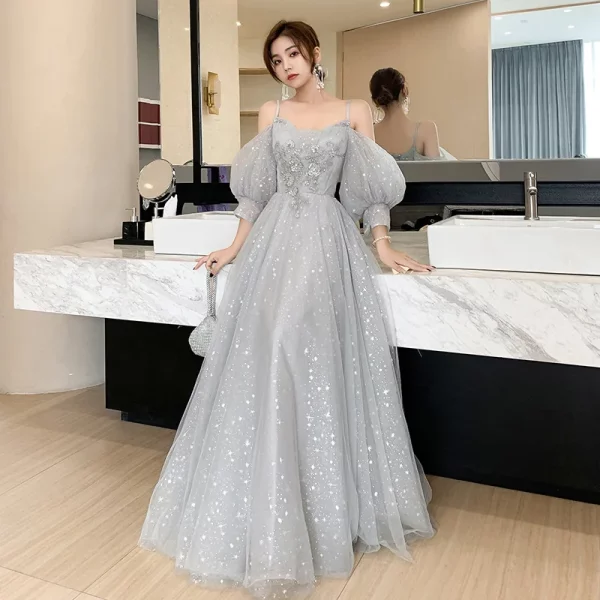 Elegant Lantern Sleeve Sequin Long Bridesmaid Dress