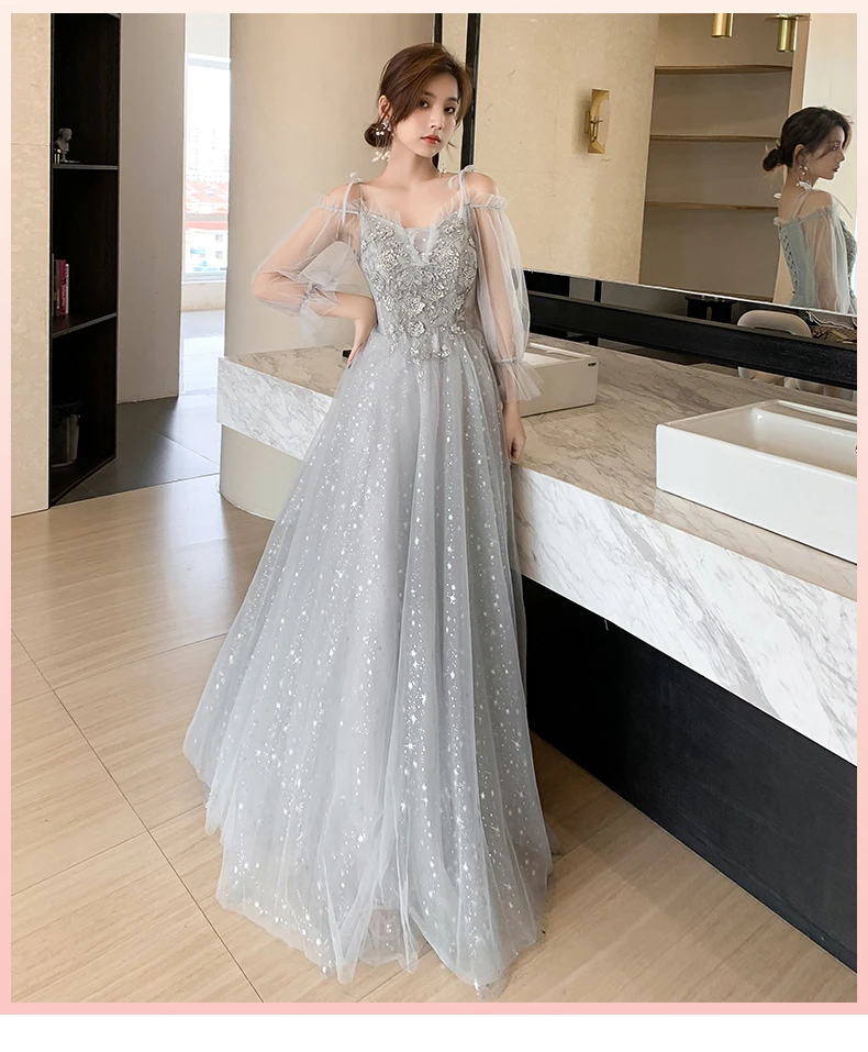 Elegant Lantern Sleeve Sequin Long Bridesmaid Dress