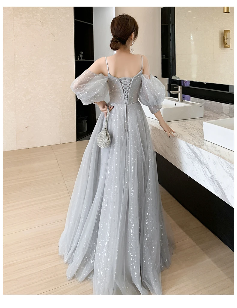 Elegant Lantern Sleeve Sequin Long Bridesmaid Dress