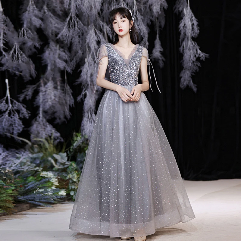 Elegant Lantern Sleeve Sequin Long Bridesmaid Dress