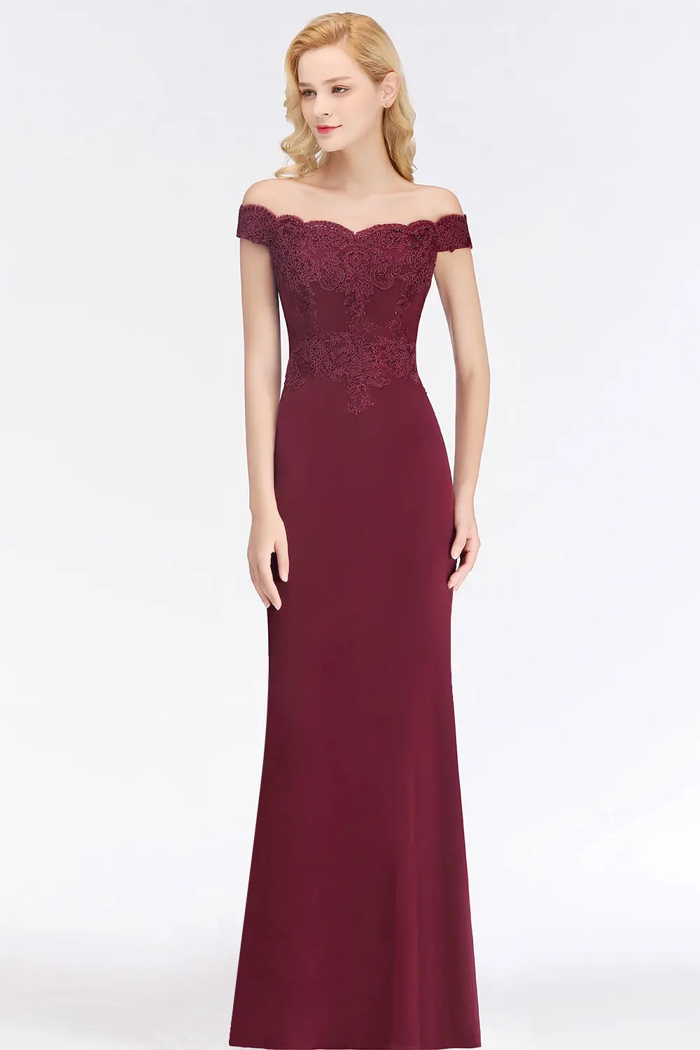 Embroidered Illusion Lace Off-The-Shoulder Neckline Draped Banded Sleeves Mermaid Bridesmaid Dress