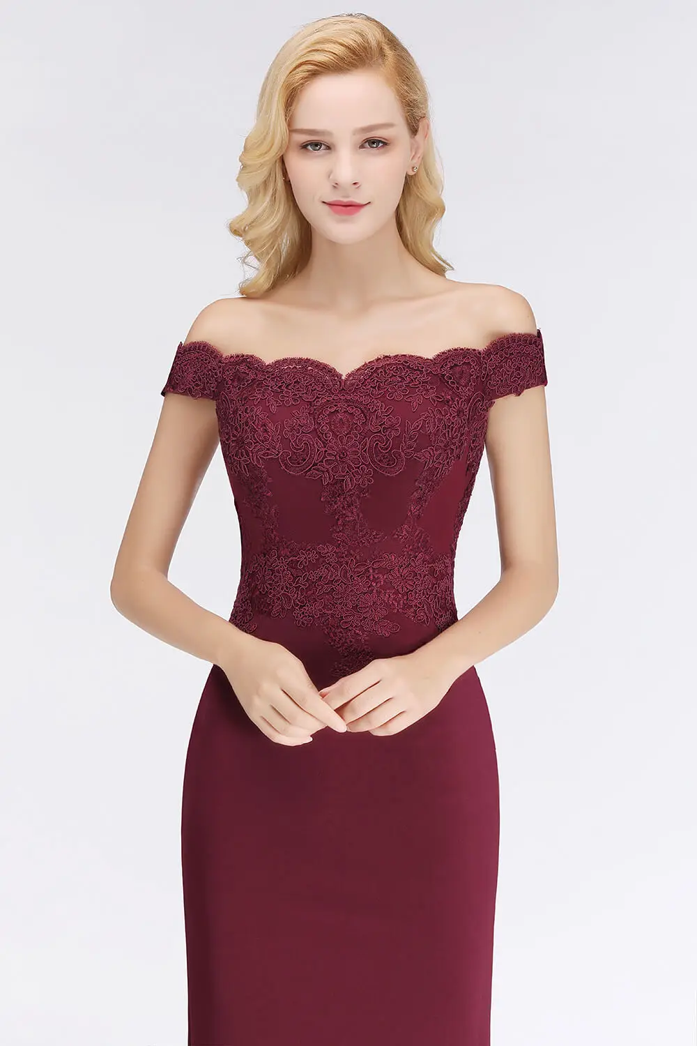 Embroidered Illusion Lace Off-The-Shoulder Neckline Draped Banded Sleeves Mermaid Bridesmaid Dress