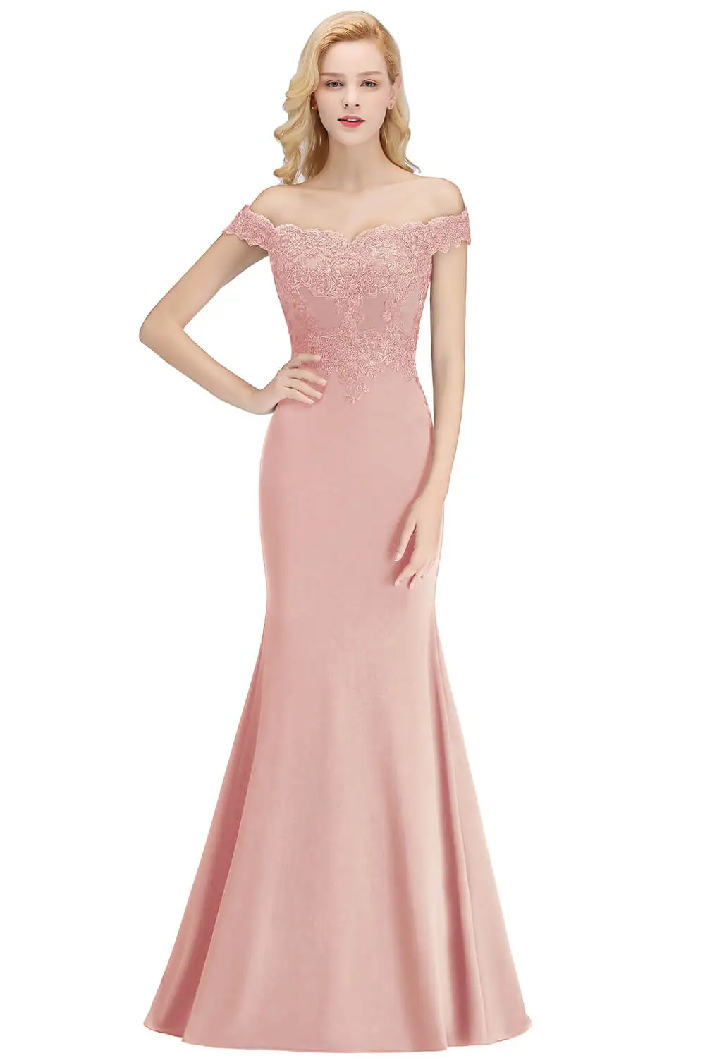 Embroidered Illusion Lace Off-The-Shoulder Neckline Draped Banded Sleeves Mermaid Bridesmaid Dress