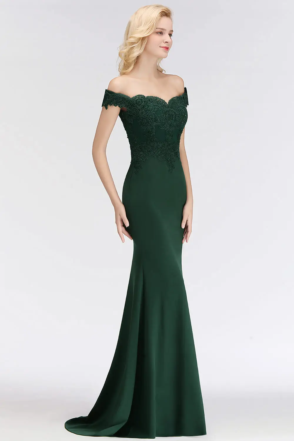 Embroidered Illusion Lace Off-The-Shoulder Neckline Draped Banded Sleeves Mermaid Bridesmaid Dress