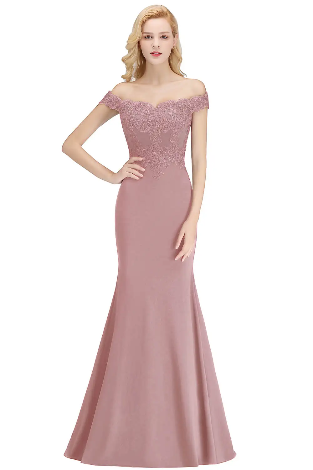 Embroidered Illusion Lace Off-The-Shoulder Neckline Draped Banded Sleeves Mermaid Bridesmaid Dress