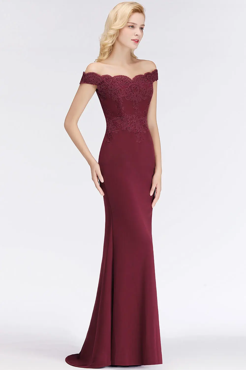 Embroidered Illusion Lace Off-The-Shoulder Neckline Draped Banded Sleeves Mermaid Bridesmaid Dress