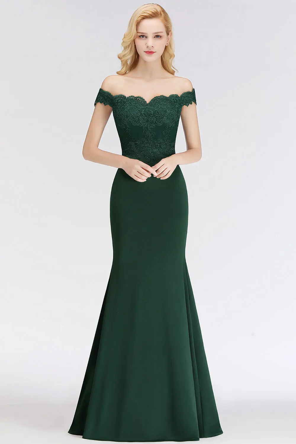 Embroidered Illusion Lace Off-The-Shoulder Neckline Draped Banded Sleeves Mermaid Bridesmaid Dress