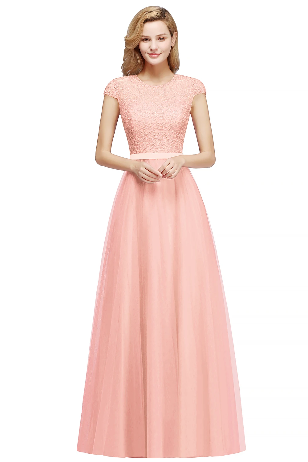 Beading O Neck A Line Sleeveless Long Lace Chiffon Bridesmaid Dress