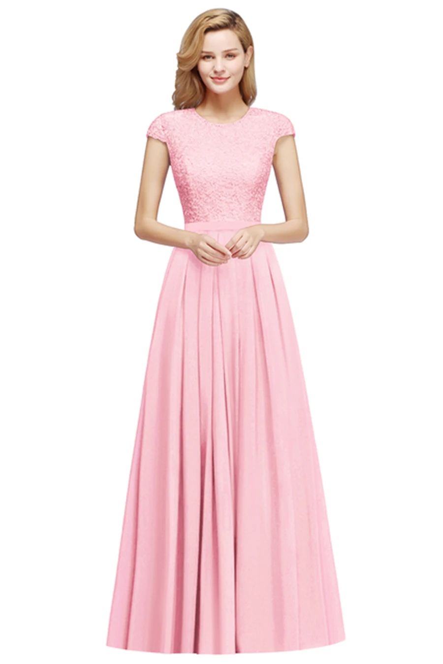 Beading O Neck A Line Sleeveless Long Lace Chiffon Bridesmaid Dress