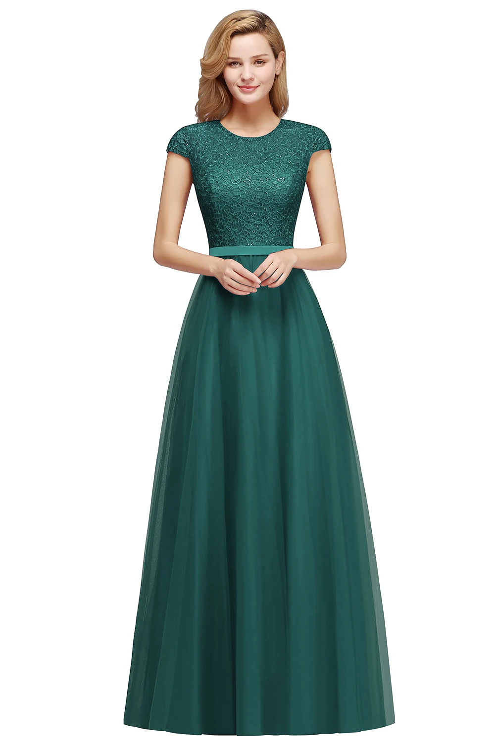 Beading O Neck A Line Sleeveless Long Lace Chiffon Bridesmaid Dress