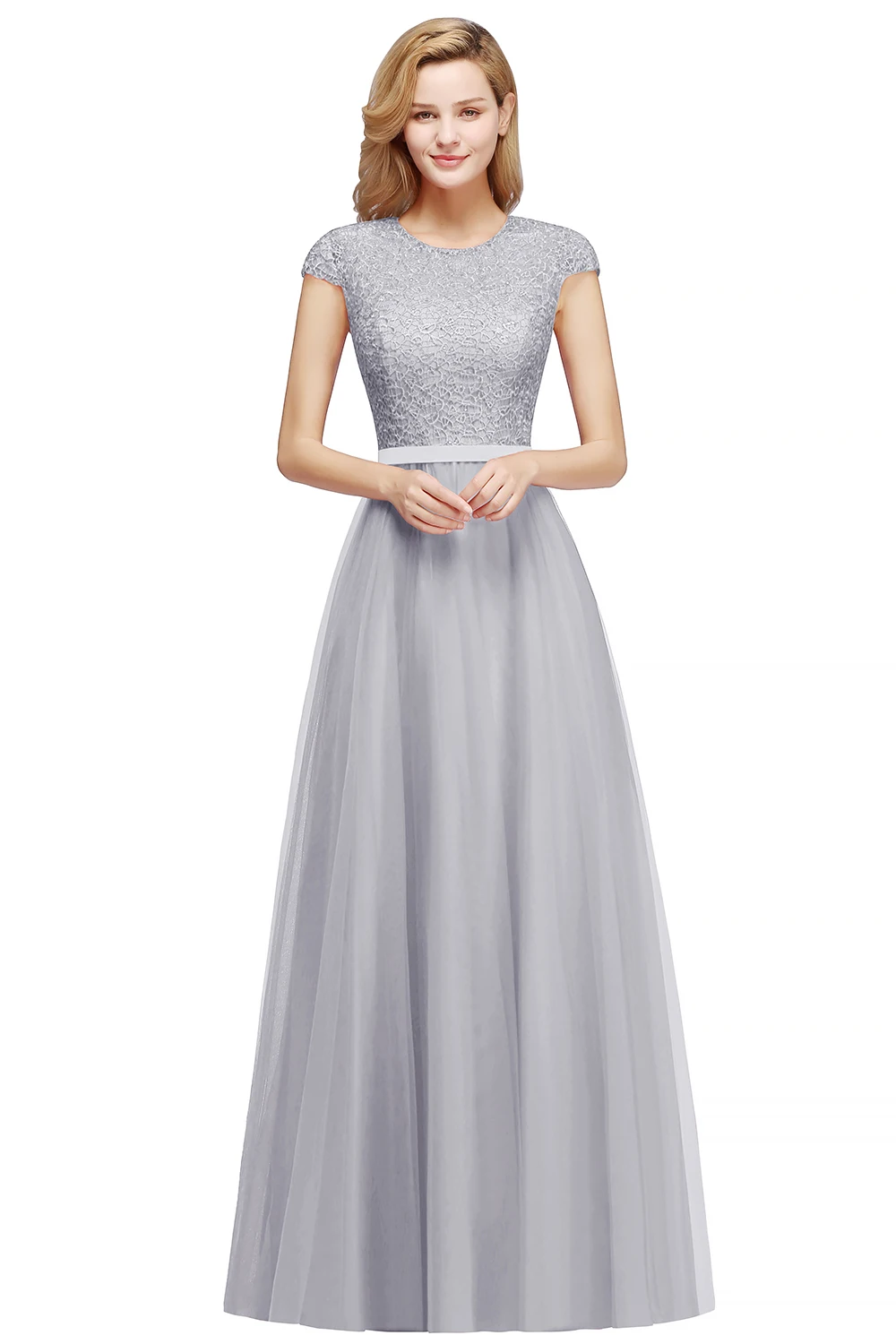 Beading O Neck A Line Sleeveless Long Lace Chiffon Bridesmaid Dress