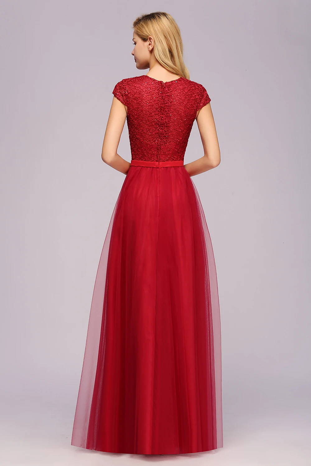 Beading O Neck A Line Sleeveless Long Lace Chiffon Bridesmaid Dress