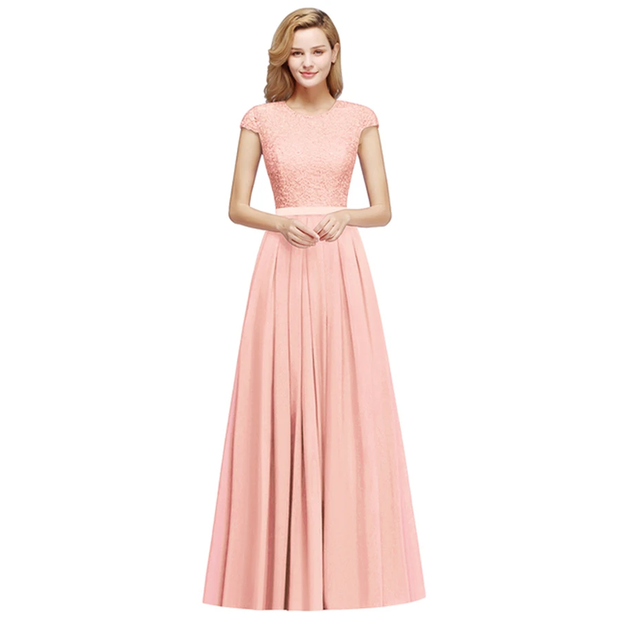 Beading O Neck A Line Sleeveless Long Lace Chiffon Bridesmaid Dress