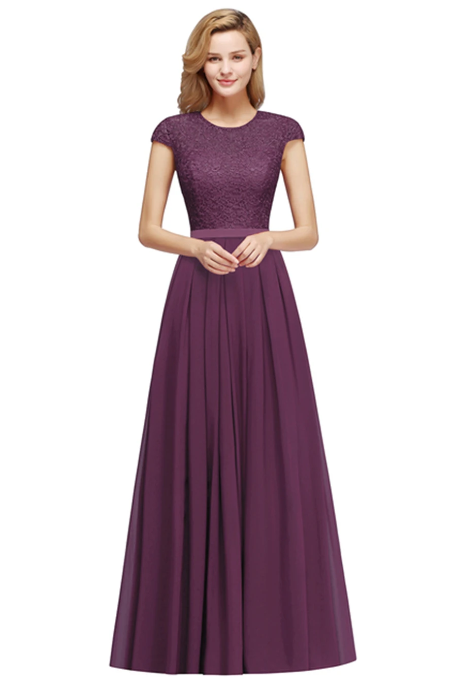 Beading O Neck A Line Sleeveless Long Lace Chiffon Bridesmaid Dress