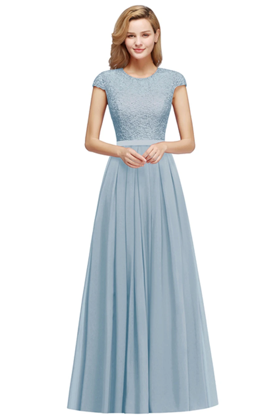 Beading O Neck A Line Sleeveless Long Lace Chiffon Bridesmaid Dress